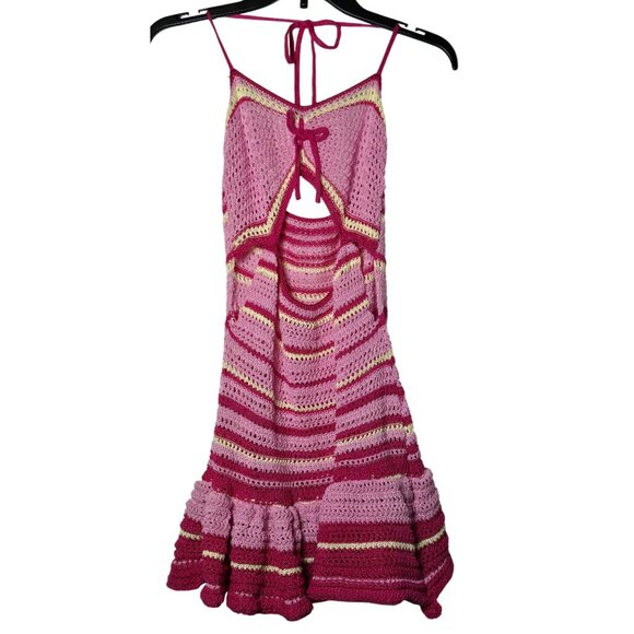 Shein Pink Crochet Halter Mini Dress Size Large Cut Out Festival Summer Hippie - Picture 1 of 9